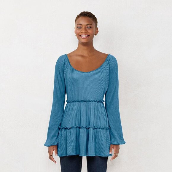 LC Lauren Conrad Tops - NWT Lc Lauren Conrad Womens Cozy Tiered Tunic Blouse WL24K000RS M Scrub Blue